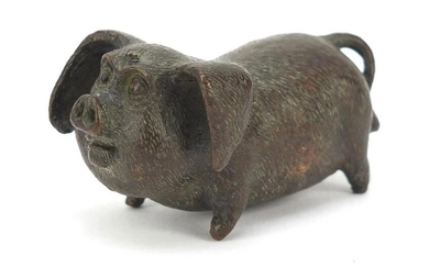 Japanese patinated bronze pig, impressed marks to the