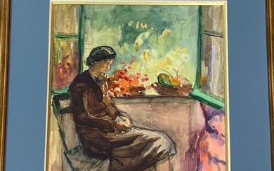 Jeanne LOURIER (1872-1955) "Femme à sa fenêtre " Aquarelle signée en bas à gauche 32...