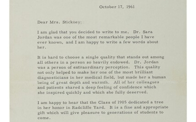 Kennedy, John F. | President John F. Kennedy remembers Dr. Sara Jordan for a 1905 class tree dedication in her honor