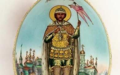 LARGE RUSSIAN PORCELAIN EASTER EGG SHOWING ST. ALEXANDER NEVSKY