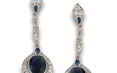 LONG 1930'S STYLE EARRINGS, WITH DIAMONDS AND SAPPHIRES, IN PLATINUM