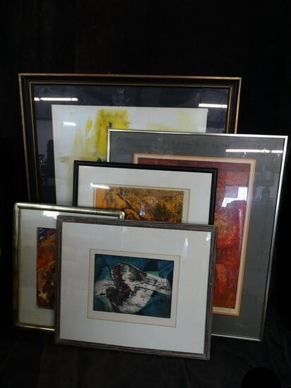 LOT/5 FRAMED ABSTRACT/EXPRESSIONIST SIGNED PRINTS/MIXED MEDIA ON PAPER ARTWORKS 30" X 37" LARGEST