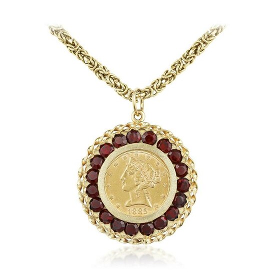 Lady Liberty Five Dollar Gold Coin Garnet Pendant and