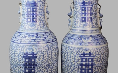 Large Pair of Chinese Blue & White Porcelain Vases Republic Period