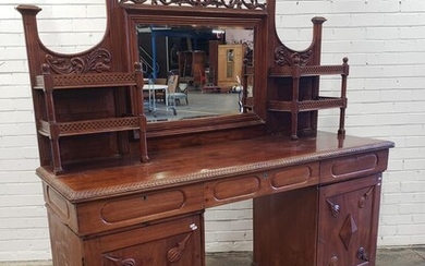 Late 19th Century Anglo-Ceylonese Fruitwood Sideboard, the high mirror back with pierced pelmet, flanked by galleried shelves...