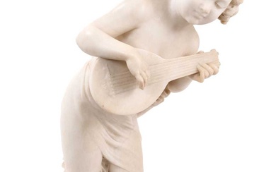 Late 19th century Italian carved marble sculpture of a child playing a lute, signed