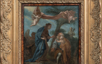 Lot 44 Attribué à Nicolas VLEUGHELS (1668-1737). "La Fuite en Égypte". Huile sur toile marouflée sur panneau....