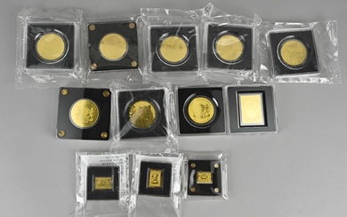 Lot de diverses pièces de monnaie plaquées or. Quantité : 12 pièces. Or 999, Cinq...