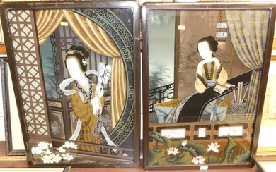 Lot details A pair of Japanese reverse paintings on glass,...