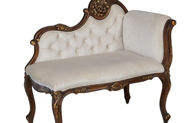 Louis XV Style Petite Recamier, 20th/21st c., the scrolled pierced lattice crest, button tufted