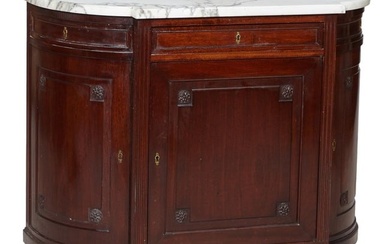 Louis XVI Style Marble Top Demilune Inlaid Walnut Cabinet, 20th c., the shaped demilune breakfront