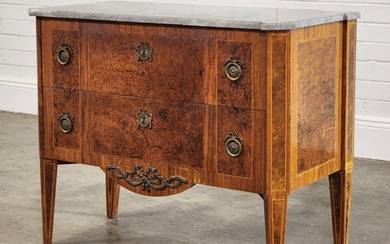 Louis XVI style burr walnut two-drawer chest, with mottled grey...