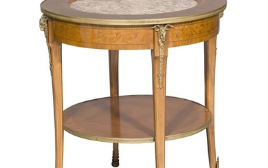 Louis XV/XVI Transitional Style Marble Top Kingwood Faux Marquetry Two-Tier Occasional Table