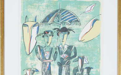 MADELEINE PYK. Pair under umbrella, lithograph in colours, signed and numbered M Pyk, 179/250.