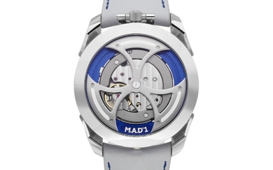 M.A.D.Editions M.A.D.1 | A stainless steel semi-skeletonised wristwatch with lateral time display and triple-blade winding rotor, Made in collaboration with MB&F, Circa 2021 | M.A.D.1 | 精鋼半鏤空腕錶，備橫向時間顯示及三葉擺陀，與 MB&F 合製，約2021年製