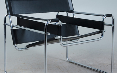 MARCEL BREUER. Knoll Studio, armchair/Lounge chair, model 'Wassily Chair', steel tube, chrome-plated, leather, 1980s, Germany.