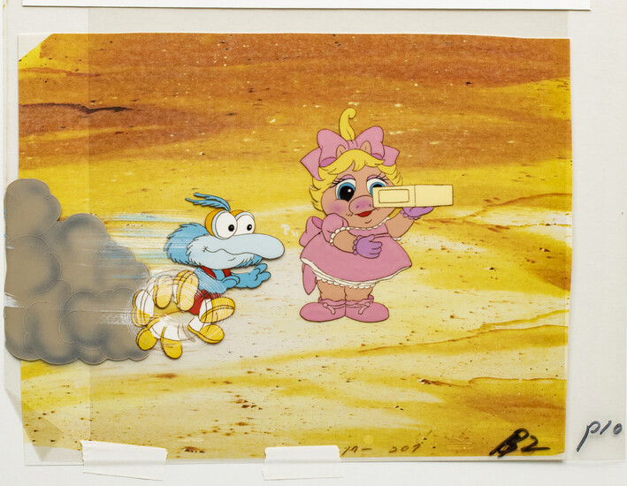 "MUPPET BABIES" PRODUCTION ANIMATION CELS, C. 1980S, H 5 1/2", W 8", MISS PIGGY AND GONZO
