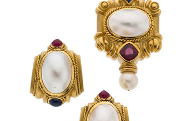 Mabe Pearl, Multi-Stone, Cultured Pearl, Gold Jewelry Suite The...