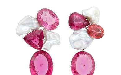 Maja DuBrul Pair of White Gold, Pink Tourmaline and Baroque Cultured Pearl Pendant-Earclips