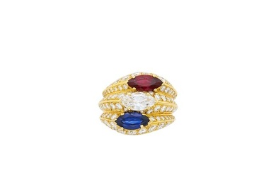 Mauboussin Paris Gold, Diamond, Sapphire, Ruby and Diamond Three Band Ring
