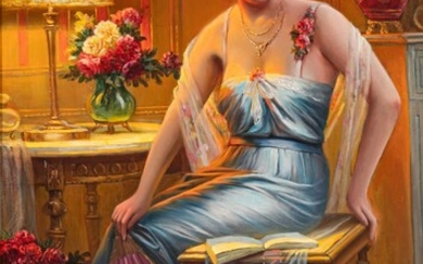 Max Carlier (1872-1938), elegant lady in an interior, oil on canvas, 54 x 81 cm