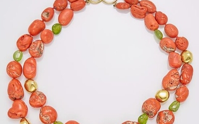 Maz Double Strand Gold, Tumbled Coral and Peridot Bead Necklace