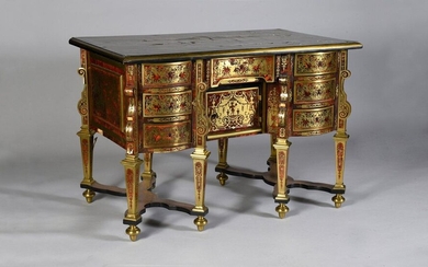 Mazarin desk in inlaid brass Boulle type marquetry on a red-tinted tortoiseshell background.
