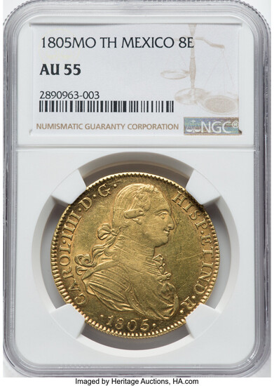 Mexico: , Charles IV gold 8 Escudos 1805 Mo-TH AU55 NGC,...