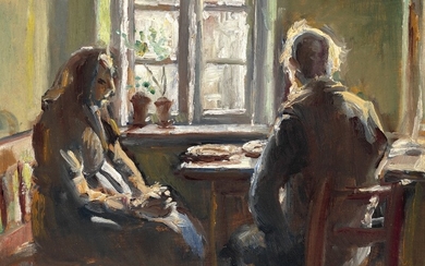 Michael Ancher: An old married couple from Skagen sitting at the table in front of the window. Signed M. A. Oil on panel. 30×41 cm.