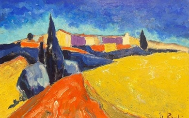 Mid 20th Century French Cubist Abstract Signed Oil Golden Fields Provence