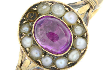 Mid 20th century 18ct gold pink sapphire & split pearl cluster ring