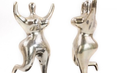 Modern Pair Silvered Nude Dancing Ladies Sculpture
