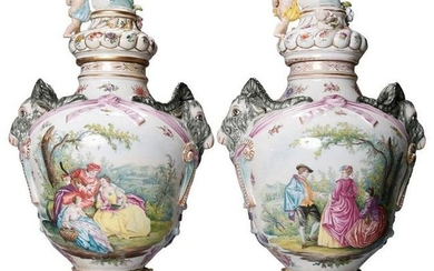 Monumental Pair Antique German Meissen Figural Urns