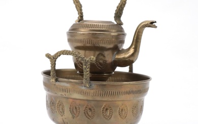 Moroccan Style Brass Tea Kettle on Warming Stand, Mid to Late 20th Century