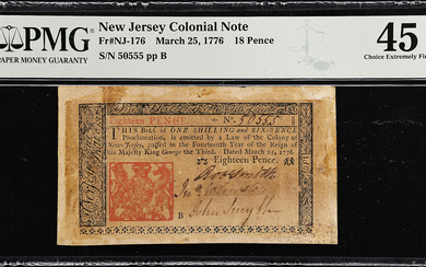 NJ-176. New Jersey. March 25, 1776. 18 Pence. PMG Choice Extremely Fine 45.