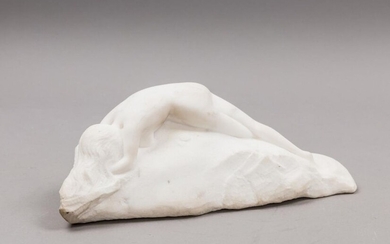 Naked woman lying on a rock. Carved Carrara marble subject, late 19th century.