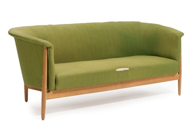 Nanna Ditzel, Jørgen Ditzel: A three-seater sofa with oak frame, upholstered with green wool. Manufactured by Søren Willadsen. L. 188 cm.
