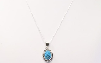 Native America Navajo Sterling Silver Turquoise Pendant With a 925 Necklace By N.J.