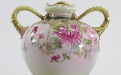Nippon Style Porcelain Vase Double Handle Floral & Gold