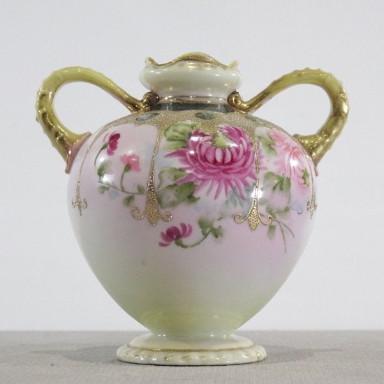 Nippon Style Porcelain Vase Double Handle Floral & Gold