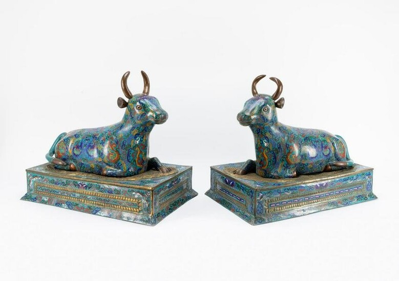 PAIR, CHINESE BLUE CLOISONNE BULLS ON STANDS