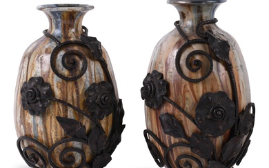 PAIR OF BELGIAN ROGER GUERIN POTTERY VASES WITH WROUGHT IRON MOUNTS, CIRCA 1930 Height: 9 1/2 in. (24.1 cm.)