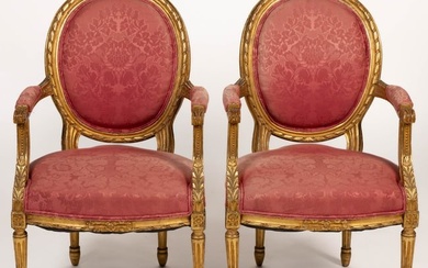 PAIR OF CONTINENTAL GILTWOOD LOUIS XVI ARMCHAIRS IN RED DAMASK