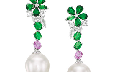 PAIR OF CULTURED PEARL, GEM-SET AND DIAMOND PENDENT EARRINGS