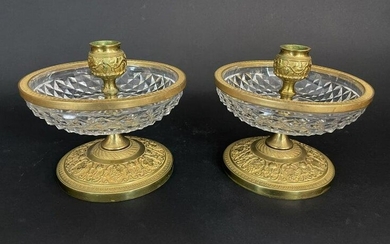PAIR OF DORE BRONZE AND BACCARAT CRYSTAL CANDEL HOLDERS