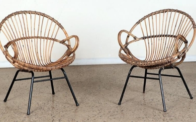 PAIR OF FRENCH RATTAN AND IRON ARM CHAIRS C.1960