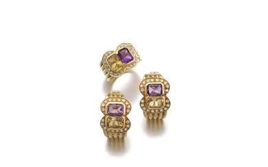 PAIR OF GEM SET AND DIAMOND EAR CLIPS, SABBADINI, AND A RING, ADLER