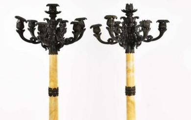 PAIR OF PATINATED BRONZE & MARBLE CANDELABRA