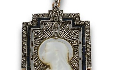 PENDANT MEDAL XIX GOLD MOTHER OF PEARL DIAMONDS