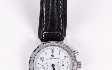 POLJOT '379' Montre bracelet chronographe en acier. Boitier rond. Cadran à fond blanc à deux...
